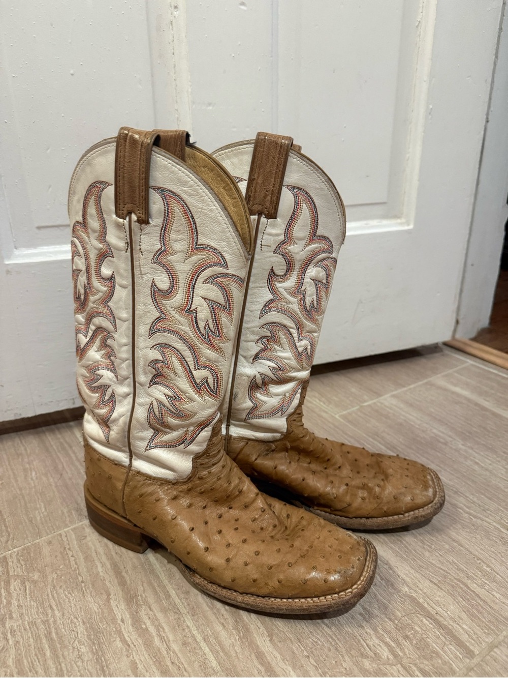Justin Tan Ostrich Foot with White Embroidered Shaft Cowboy Boots